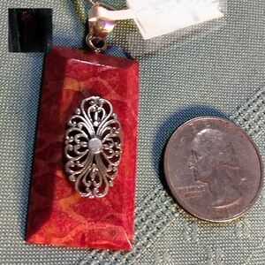 ELONGATED, BEVELED EDGE, NATURAL CORAL, STERLING SILVER HEART-SWIRL MOTIF  18''